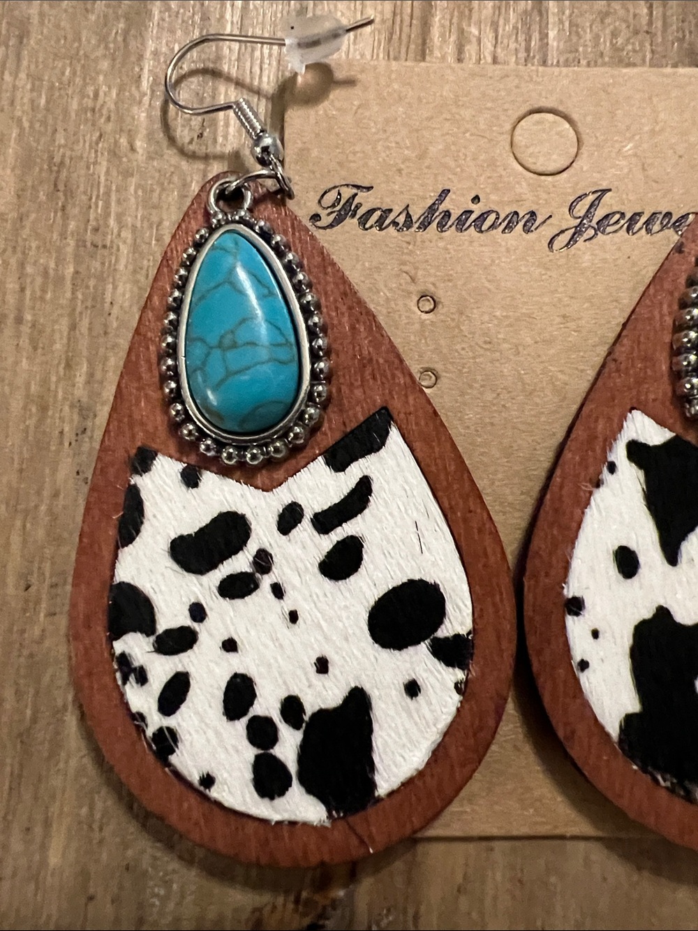 3/$18 Turquoise Teardrop Wood Earrings with Black & White Cow Print Lot 2127 - Picture 2 of 5